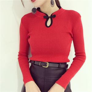 New design women's retro stand collar Chinese cheongsam style thread knitted long sleeve slim waist sweater shirt tops
