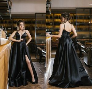 Sexy Black A-line Evening Dresses Spaghetti Strap High-split Sleeveless Custom Made Prom Dress Sweep Train Ruched Long Party Gown Cheap