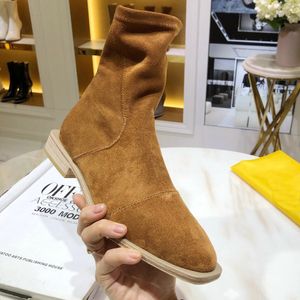 Hot Sale- designer Women winter flat boots Glossy BLACK neoprene low ankle boots Fashion Ladies White Splicing Martin Elastic cloth box