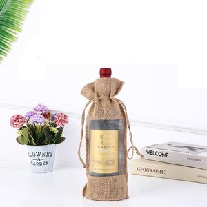 Natural Jute Burlap Wine Bottle Bag Window Champagne Packaging Presentväska för gästfestdekoration 14x30 cm ZC0003