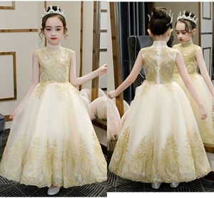 2020 Sweety Champagne Gold Lace Girls Pageant Dress Collo alto Cap Sleeve Drappeggiato Princess Party Dress Toddler Flower Girl Dress Cheap New