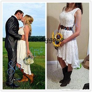 Vintage High Low Strand Brautkleider Retro Spitze V-Ausschnitt Sommer Urlaub Meer Western Country Cowgirl Hochzeit Brautkleid