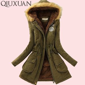 Qiuxuan 여성 파카 패션 가을 겨울 따뜻한 재킷 여성 모피 칼라 코트 긴 파카가 후드 사무실 레이디 코튼 플러스 크기