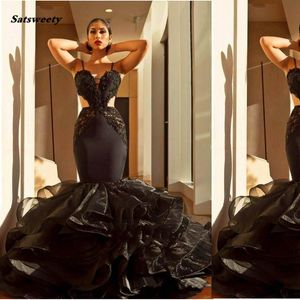 Sexy Black Lace Mermaid Prom Dresses Backless Ruffles Long Prom Gowns Cut-Out Formal Party Dress Robe De Soiree Longue