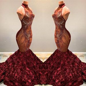 2020 Gorgeous Burgundy Mermaid Prom Klänningar High Neck Lace Appliqued Ruffled Flowers Pagant Party Gowns Vestidos BC1181