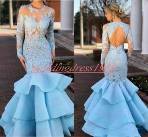 Stunning Mermaid Long Sleeve Arabic Evening Dresses Lace Tiers Hollow Ruffle Illusion Party Pageant Formal Wear Prom Gowns robe de soirée