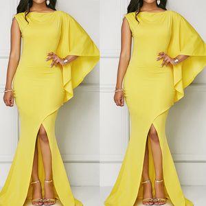 Brilhante Amarelo Uma Manga Vestidos de Noite 2019 Chiffon Slim Fit Dividir Mãe De Vestidos de Noiva Até O Chão Vestidos de Festa do baile de finalistas