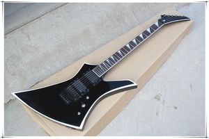 Chitarra elettrica con corpo nero dalla forma speciale con ponte tremolo, hardware nero, tastiera in palissandro, personalizzabile