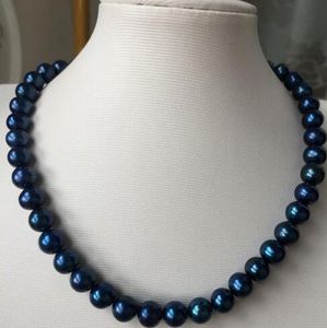 Hög kvalitet9-10mm Tahitian Black Blue Pearl Halsband 18 tum Silver