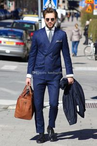 New Popular Double-Breasted Blue Strips Groom Tuxedos Peak Lapel Groomsmen Mens Suits Wedding/Prom/Dinner Blazer (Jacket+Pants+Tie) K489