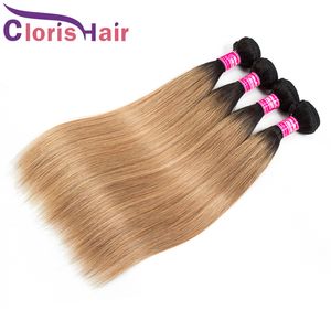 Wybrane blondynki w kolorze malezyjskim dziewicze ludzkie fryzury splotowe pakiety mieszane 3pcs ciemne korzenie 1b 27 Jedwabisty prosty miód blondynki Ombre
