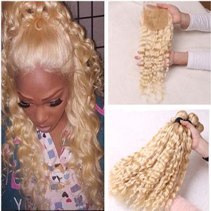 613 Blonde molhado e ondulado Cabelo Humano Weave 3Bundles com água Onda tramas do cabelo Extensões de Encerramento Bleach Loiro Virgin brasileiros