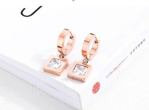 All ingrosso design di lusso in oro rosa titanio zircone diamante semplici orecchini cerchio vite prigioniera del pendente scatola quadrati per la donna