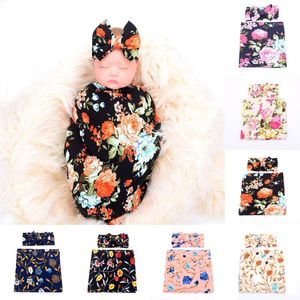 newborn baby flower swaddle rabbit ear bow headband+rose swaddle cloth 2pc/set floral printing receiving blankets