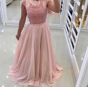 Glamours rosa chiffon vestidos de baile longas pérolas artesanais vestido de baile vestidos de formatura largos à noite vestidos de festa