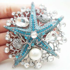 Elegant Blue Starfish Pearl Pendant Brosch Pin Rhinestone Crystal Silver Tone