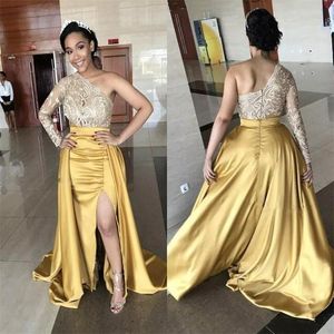 New One Shoulder Front Split Evening Dresses Lace Top Satin Skirt Long Sleeves Prom Dress Long Zipper Back Plus Size Formal Party Gowns