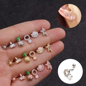 New Desgin Crystal Ear Piercing Jewelry Stainless Steel Bar Zircon Pineapple Cartilage Helix Tragus Conch Rook Lobe Screw Back Earring