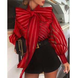 Nowa moda damska puff z długim rękawem z długim rękawem paski bluzki łuk kołnierz koszulki Streetwear damskie Casual Mesh Topy Camisas Blusa Mujer