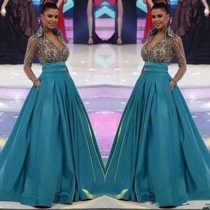 2020 New Miss World Long Sleeve Evening Dresses Formal Sheer V-Neck Beading Pageant Dress with Pockets Women Formal Wear Prom Dress