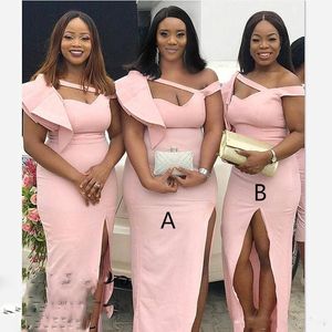 핑크 섹시한 신부 들러리 웨딩 러프에 대한 드레스 하나 어깨 낮은 컷 높은 슬릿 하녀 명예 가운 플러스 크기 아프리카 신부 들러리 드레스 싸구려