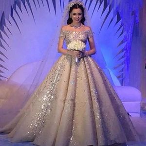 New Luxury Saudi Arabic Wedding Dresses Dubai Off Shoulder Champagne Crystal Beaded Bridal Gowns Vestido De Novia Custom Made Wedding Dress