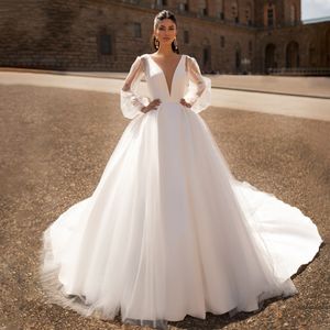 Satin A-Line Wedding Dress 2020 Sexy V-neck Backless Shining Puff Sleeve Vintage Wedding Bridal Gowns Vestido De Noiva