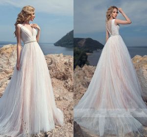 Fantastyczna Glitter Tulle Pearls Suknia Ślubna Plaża 2020 Bateau Hollow Back Empire Talia Bohe Suknie Ślubne Suknie Ślubne Vestidos De Novia