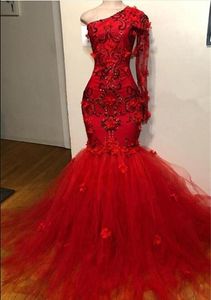Röd en-axel tulle prom klänning 2019 lyx sparkly elegant kväll klänningar 3d blommiga långärmade applikationer sjöjungfru prom party klänningar