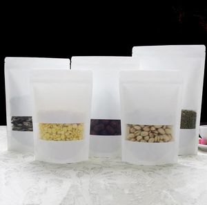Thicken Stand Up White Kraft Paper Zip Bags for Coffee Nuts Snack Tea Packaging Storage Pouches with Frosted Window