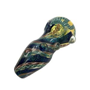 Unique Blown Glass Hand Pipe: Fumed Inside-Out Spoon Pipe with Blue Stripe Frit and Glass Marbles