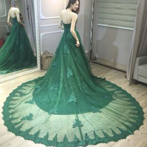2019 Vestidos De Casamento Verde Made in China Bling Bling Lantejoulas Tulle Lace Apliques Lace-up Voltar Vestidos de Noiva com Capela Trem