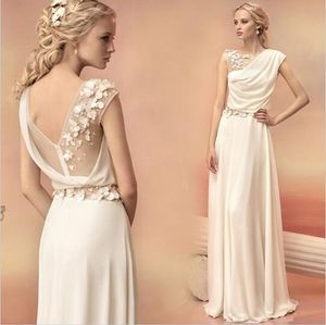 Uzun Akşam Elbiseleri 2016 Gelin Prenses Ziyafet Dantel Şifon Balo Elbisesi Yunan Tanrıça Zarif Sırtsız Çiçek Artı Boyutu Resmi DR308R