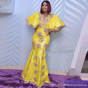 Nyaste Dubai Yellow Mermaid aftonklänningar V Neck Lace Applicques Formella aftonklänningar Prom Dress Plus Plus Size Robe de Soiree236i