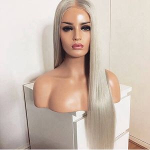 Högkvalitativ simulering mänsklig hår grå hår peruker lång naturlig grå vit silver brasilianska spets fram peruk syntetiska hår för kvinnor afrikanska
