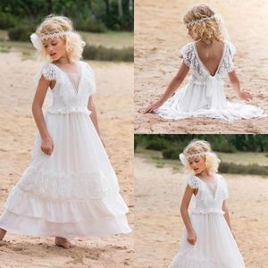 Cheap Boho Beach Flower Girls Dresses Lace Appliques Neck Short Sleeves Tiered V Back With Bow Children Kids Party Communion Gowns