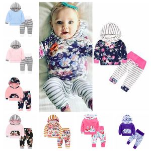 Kids Designer Roupas Meninas Florais Flores Conjunto de Roupas Boys Camo Striped Hoodie Calças Terno Manga Longa Ins Carta Coat Calças De Calças D-6776