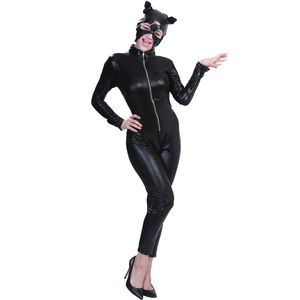 Halloween Sexy Wild Cat Costume Women Stretchy Zipper Long Sleeve Catsuit Catwoman Cosplay Party Jumpsuit Faux Leather Clubwear