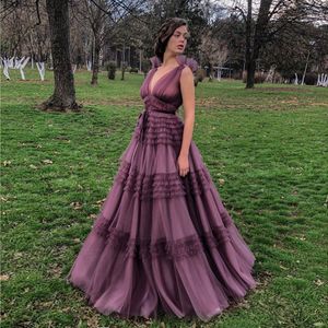 Fabulous A Line Sleeveless Prom Dresses Deep V Neck Pleated Evening Gowns Plus Size Tulle Empire Waist Tiered Formal Dress 407