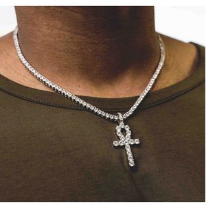 Iced Hip Hop Out Diamond Gold och Silver Egyptian Ankh Key of Life Cross Pendant Tennis Chain Halsband Rapper smycken gåvor för män kvinnor