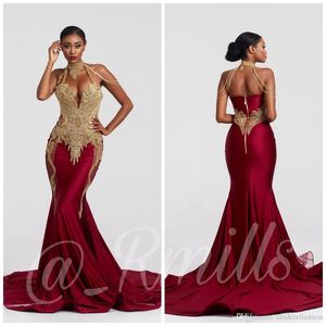 2020 Modern Burgundy 자수 술 Tassel Mermaid Prom Dresses High Neck Gold Lace Applique Backless Evening Gowns BC36452996