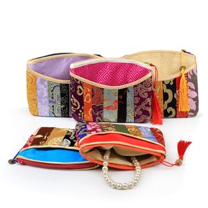 Patchwork Zipper Small Clutch Purse Party Favor Bags Gift Chinese Silk Brocade Tassel Women Makeup Cosmetic Storage Bag Vintage Coin Wallet
