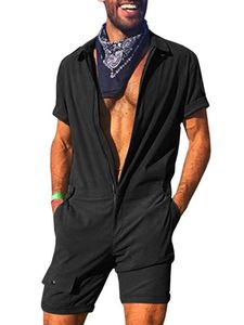 Mężczyźni Romper Kombinezon Krótki Rękaw Cargo Kombinezony Playsuit Moda One Piece Zipper Solid Brand New Casual Streetwear