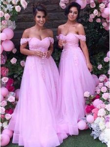 Off Shoulder Pink Bridesmaid Dresses Long Lace Appliques Floor Length Zipper Back Maid Of Honor Wedding Guest Prom Party Gowns