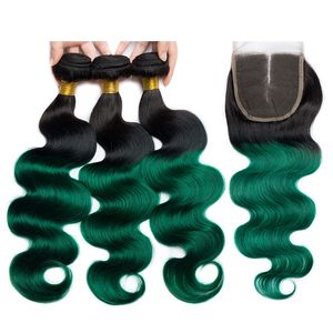 Silanda Hair Ombre t b Dark Green Body Wave Remy Human Hair Weaving Wiązki z zamknięciem koronki x4
