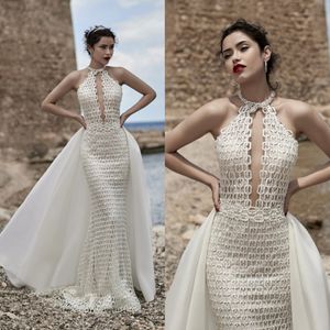 Luisasposa elegant sjöjungfru bröllopsklänningar halter ärmlös avtagbar svanskristall bröllopsklänning golvlängd robe de mariée