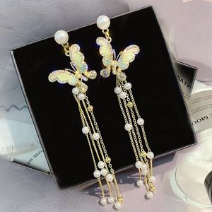 Silver Needle French Tassel Earrings Metal Relief Butterfly Flower Water Drill Pearl Chain Personality Exaggeration Long Earrings Wholesale