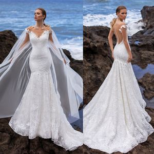 Mermaid Wedding Dresses With Cape Full Lace Appliqued Jewel Neck Cap Sleeve Bridal Gowns Sweep Train Wedding Dress