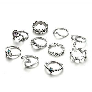 12 sztuk / zestaw Vintage Srebrny Korona Kobiety Rings Bohemian Retro Kryształ Księżyc Oczy Kawałek Pierścienie Ustaw