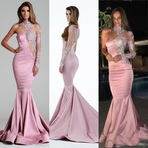One Shoulder Evening Dresses Wear New Sexy Arabic High Neck Illusion Lace Appliques Beaded Pink Long Mermaid Formal Party Dress Prom Gowns